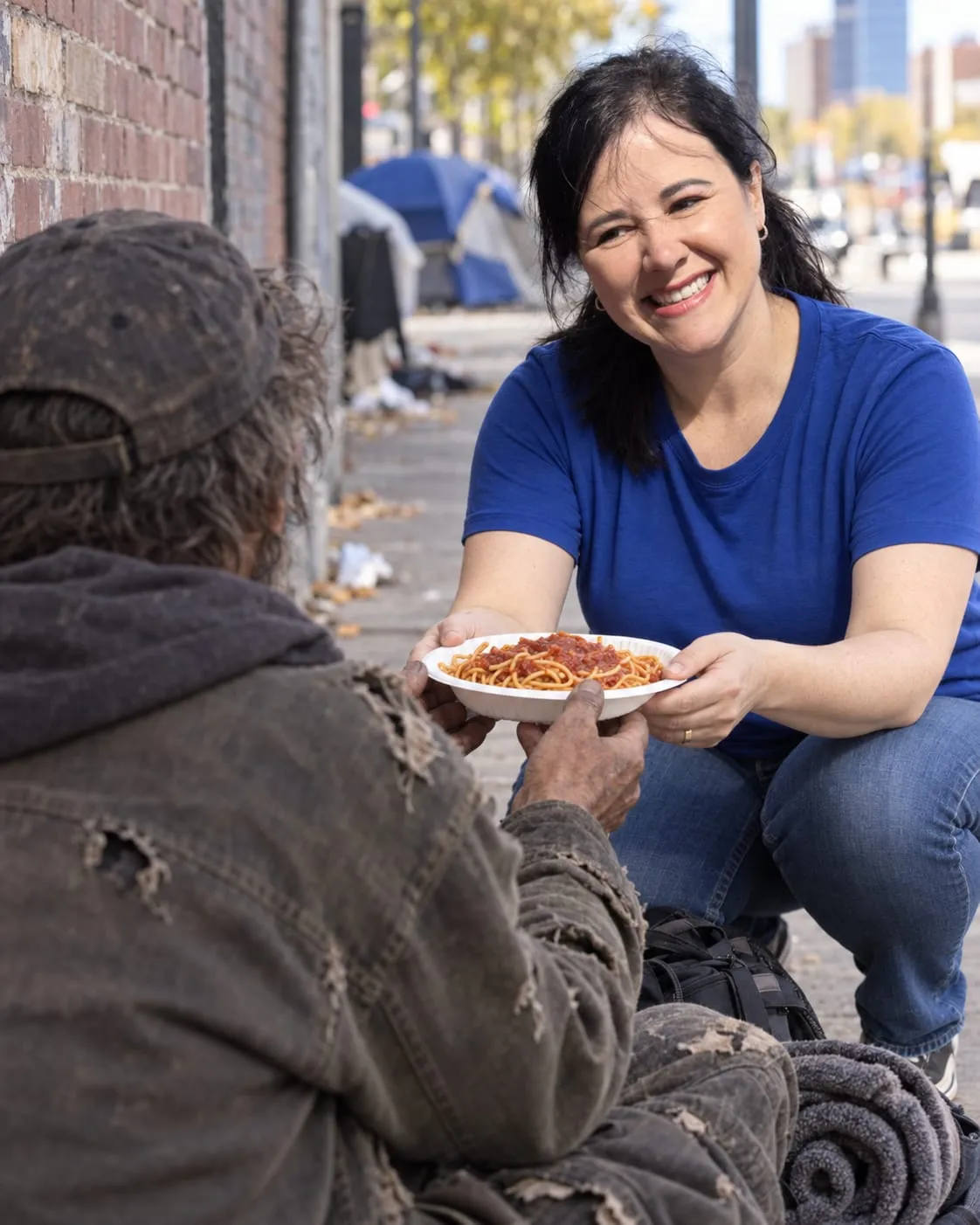 Luísa Marteleto handing out a meal with a smile